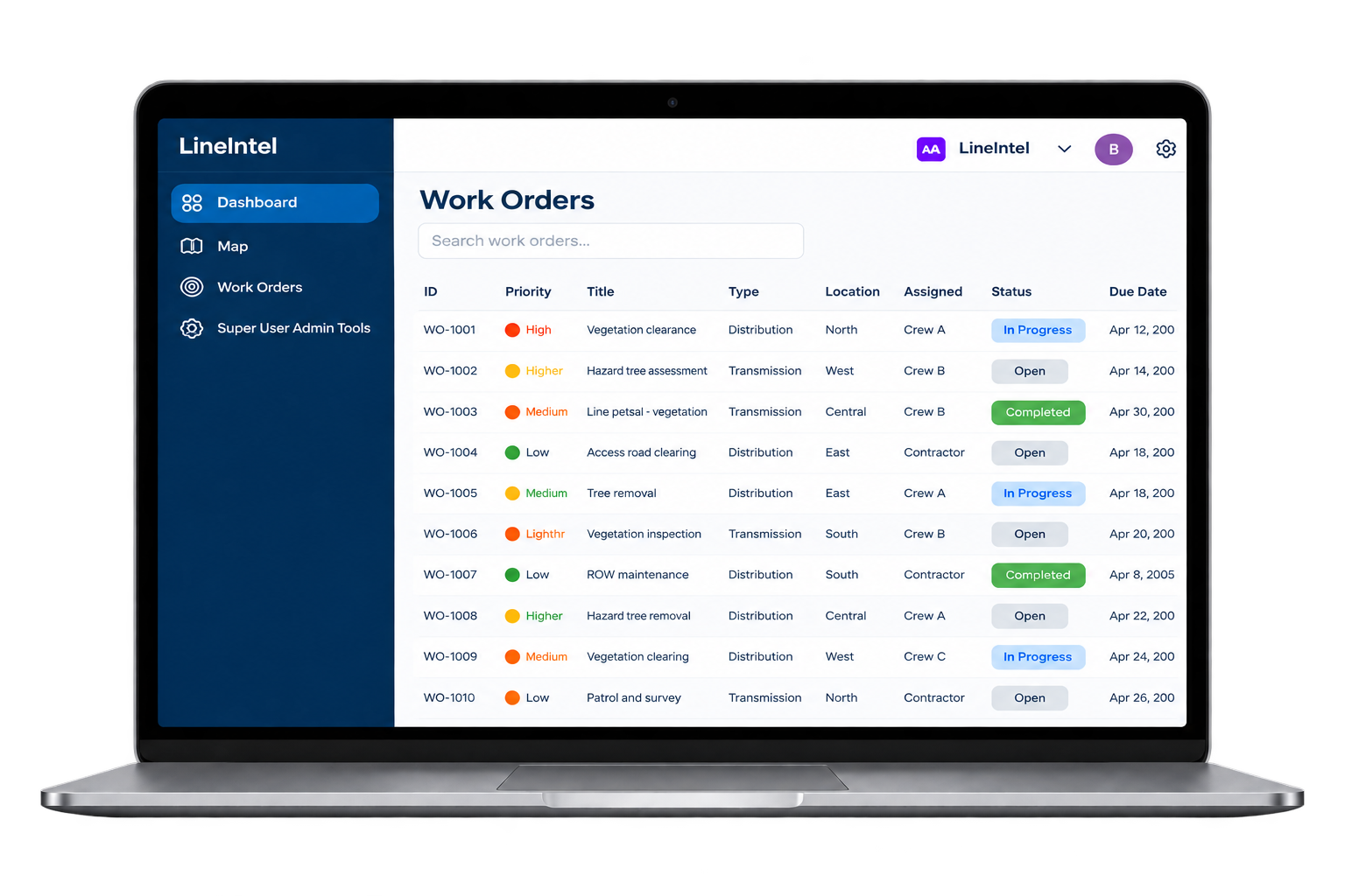 Command desktop work orders showing priorities, crew assignments and completion status